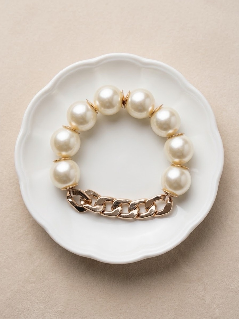 Gold Tone Faux Pearl Chain Stretch Bracelet | Chunky Curb Link Statement Jewelry
